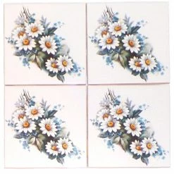 Mottles Murals Ceramic Tiles Daisy And Blue Forget Me Not Flower Kiln Fired Ceramic Tile, Set Of 4