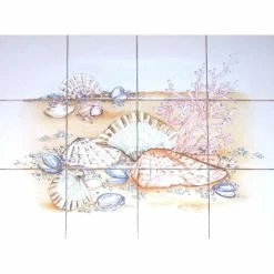 Mottles Murals Ceramic Tiles Sea Shell Clams Kiln Fired Ceramic Tile Mural Coral Backsplash, 12-Piece Set