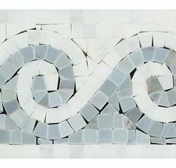 Fancy Design Group Oriental White Honed Marble Wave Border With Blue-Gray Dots