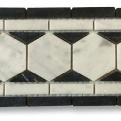 Stone Center Online Carrara White Marble 2 Hexagon Listello Mosaic Border Tile Black Honed, 1 Sheet