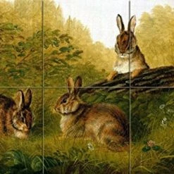 FlekmanArt Tile Mural Hub Tile Mural Kitchen Backsplash Splashback Rabbits On A Log, Ceramic Matte